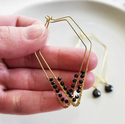 Wire Wrapped Black Spinel and Brass Diamond Hoop Earrings