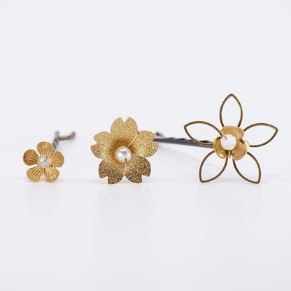 Brass Flower and Mother of Pearl, Pearl, Moonstone Hairpins