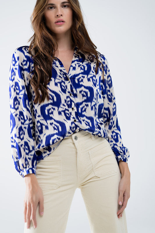 Balloon Sleeve Abstract Print Blouse in Navy and White