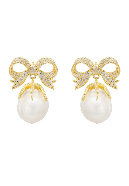 Baroque Pearl Ribbon and Bows Drop Earrings Gold
