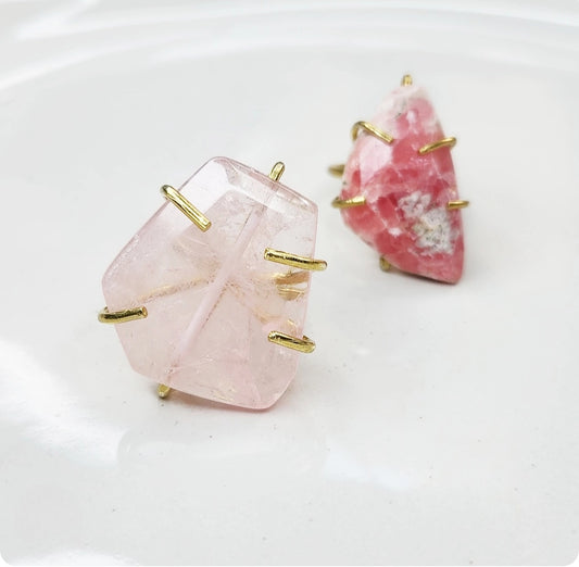Madagascar Rose Quartz, Rhodochrosite & Brass Rings