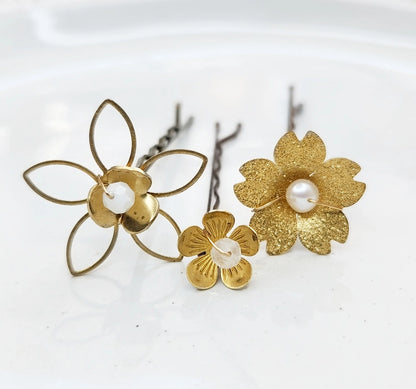 Brass Flower and Mother of Pearl, Pearl, Moonstone Hairpins