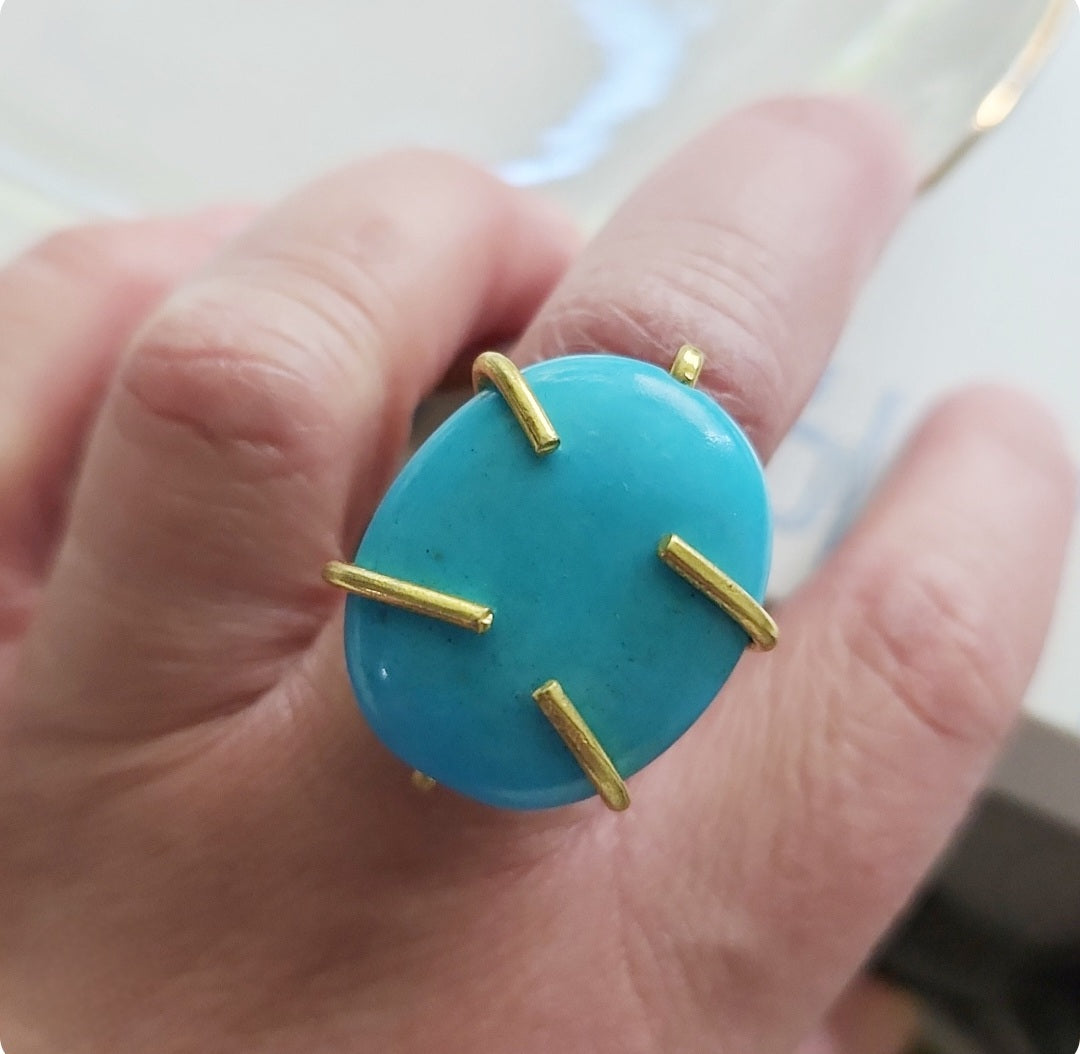 Bright Blue Natural Turquoise and Brass Adjustable Ring