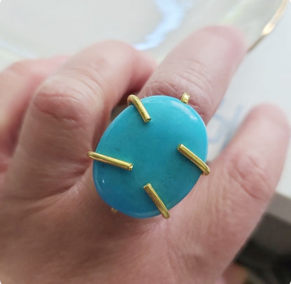 Bright Blue Natural Turquoise and Brass Adjustable Ring