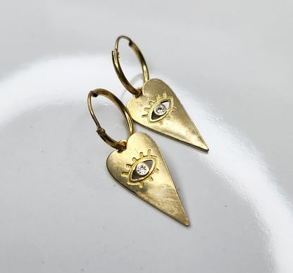Edgy Heart & Cz Evil Eye Charm Dangle Hoop Earrings