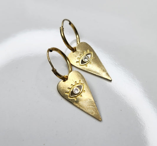 Edgy Heart & Cz Evil Eye Charm Dangle Hoop Earrings