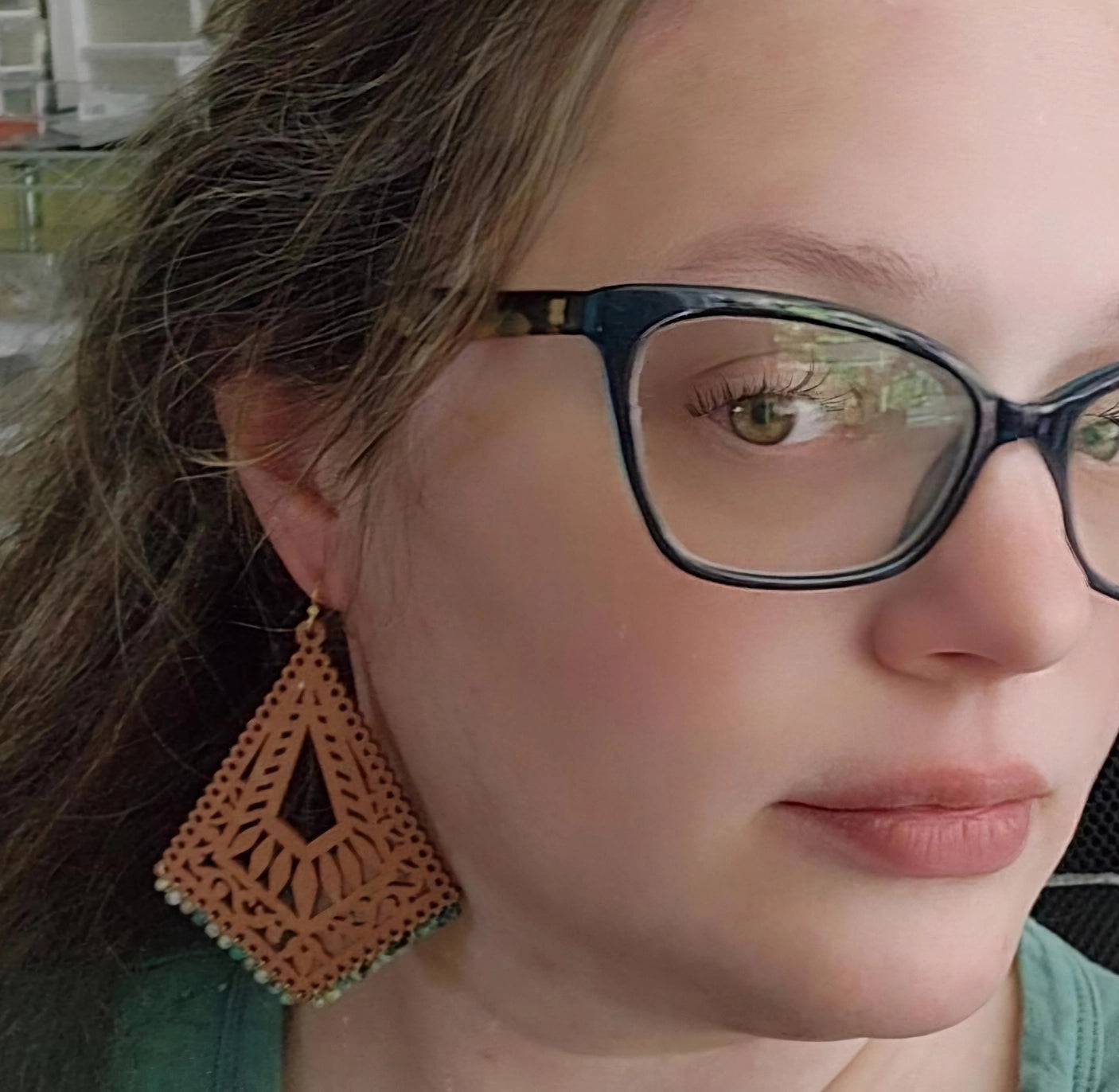 Turquoise and Copper Wrapped Rose Gold Wood Dangle Earrings
