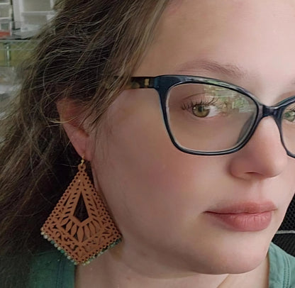 Turquoise and Copper Wrapped Rose Gold Wood Dangle Earrings