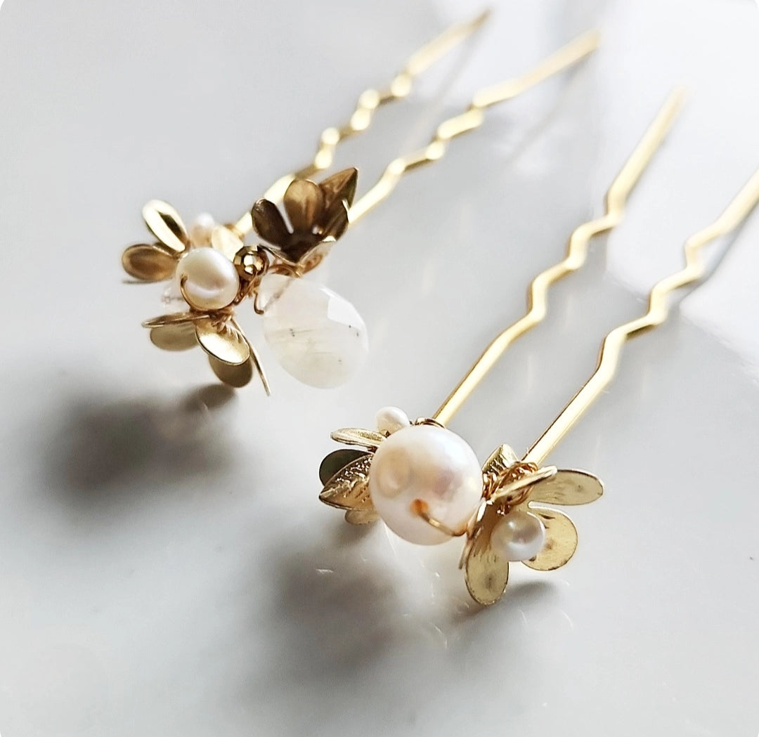 Flower Cluster Hairpins with Moonstone, Pearls and Brass