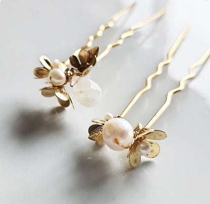 Flower Cluster Hairpins with Moonstone, Pearls and Brass