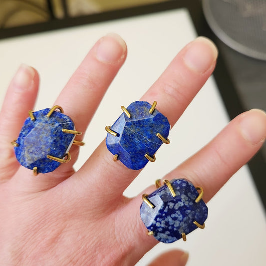 Faceted Lapis Lazuli and Brass Adjustable Solitaire Ring