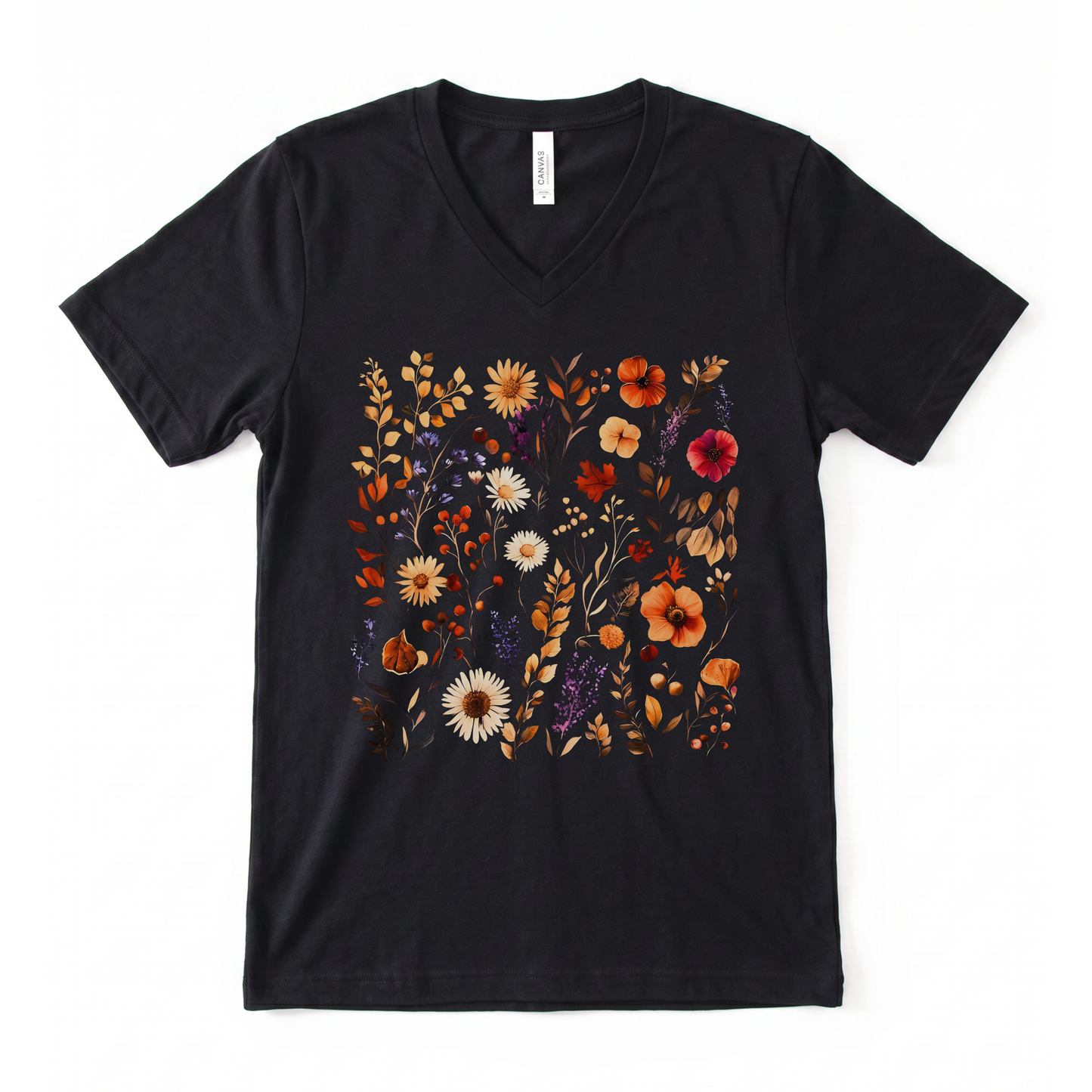 Autumn Boho Floral Print - Short Sleeve V-Neck Tee