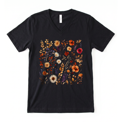 Autumn Boho Floral Print - Short Sleeve V-Neck Tee