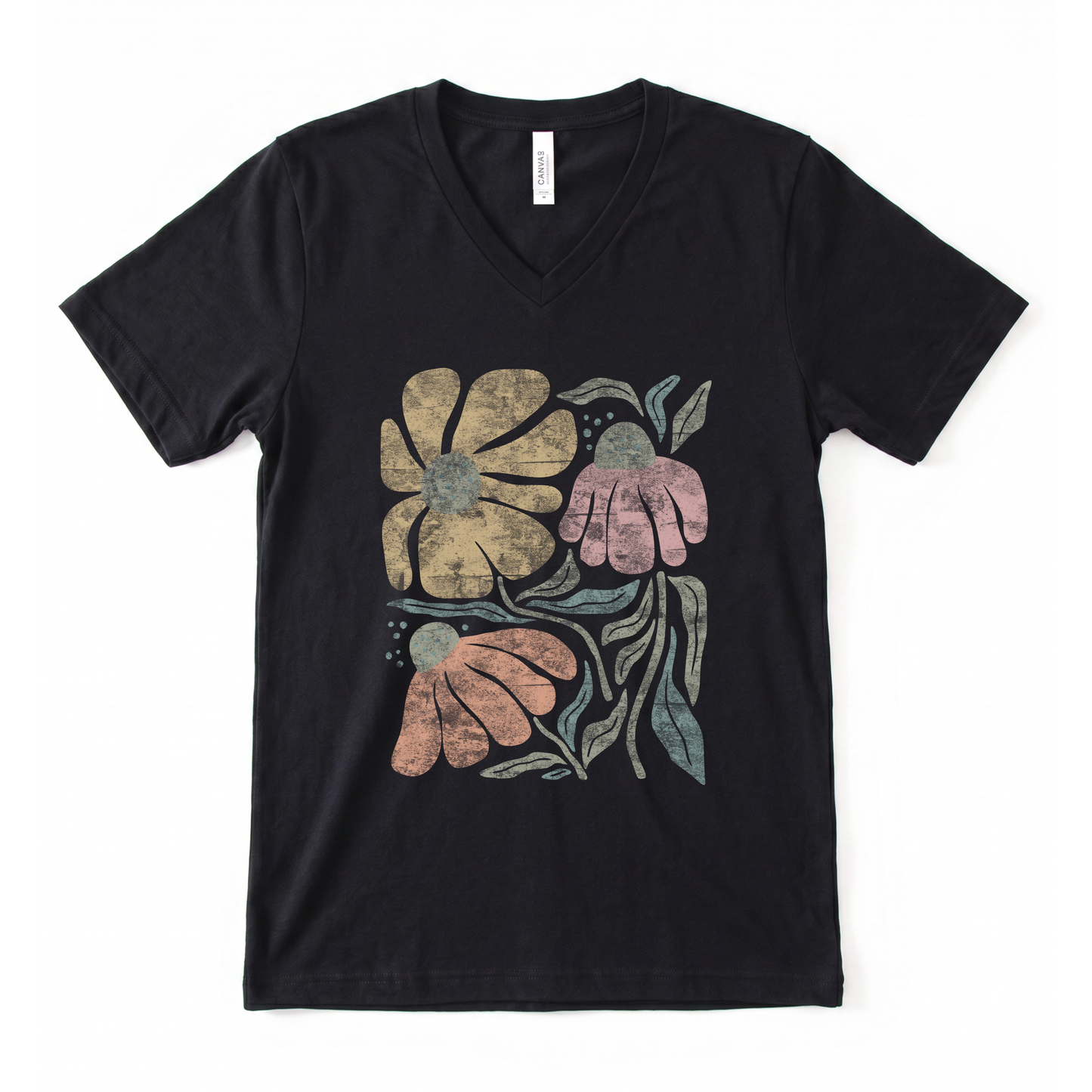 Faded Funky Floral Print - Short Sleeve V-Neck Tee