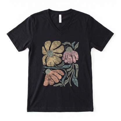 Faded Funky Floral Print - Short Sleeve V-Neck Tee