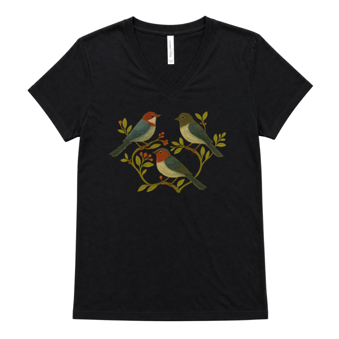 Folk Aviary  - Short Sleeve V-Neck Tee
