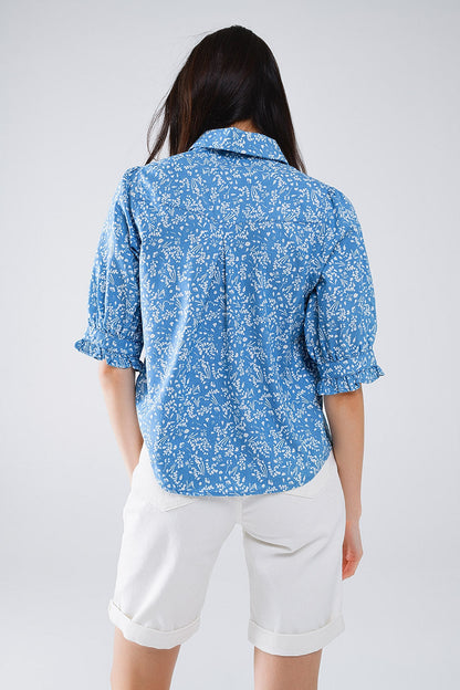 Blue Blouse With Floral Design and Short Sleeves