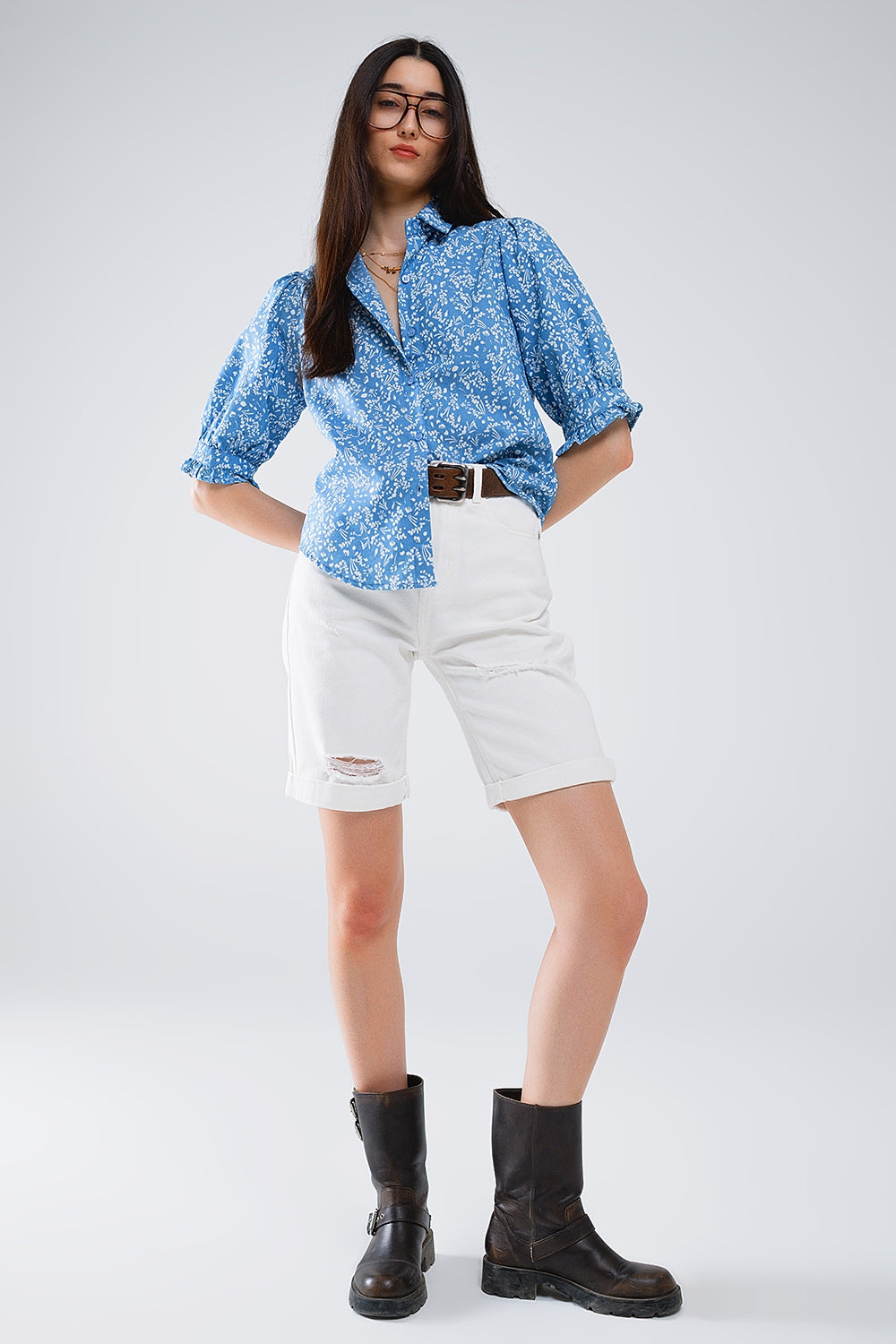 Blue Blouse With Floral Design and Short Sleeves