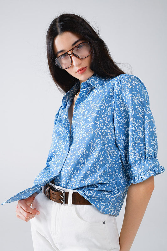 Blue Blouse With Floral Design and Short Sleeves