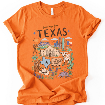 Greetings from Texas - Bella Canvas Super Soft Straight Cut T shirt