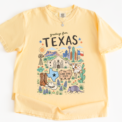 Greetings From Texas - Comfort Colors Relaxed Fit Premium T Shirt