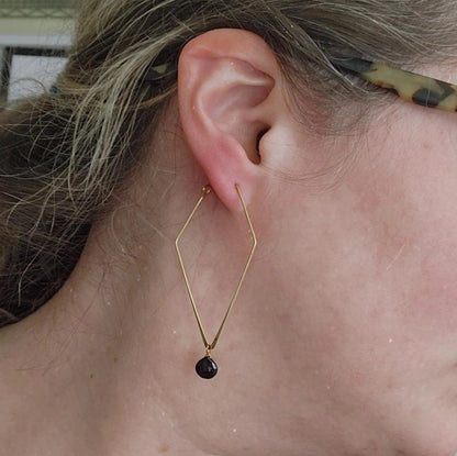 Wire Wrapped Black Spinel and Brass Diamond Hoop Earrings