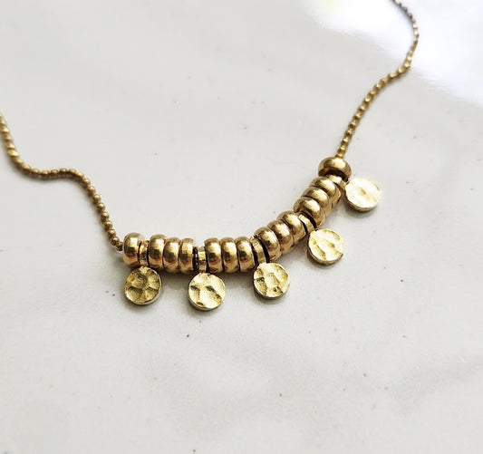 Hammered Disc Brass Charm Beaded Necklace
