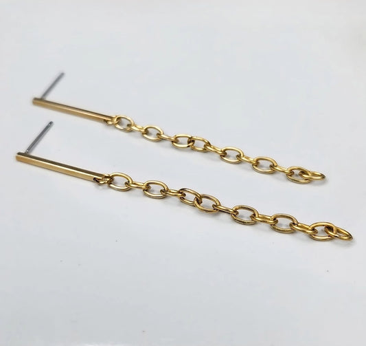 Edgy Brass Bar and Chain Dangle Post Earrings
