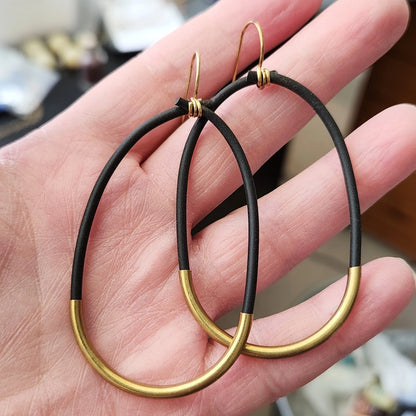 Threaded Black Rubber, Brass & Silver Hoop Dangle Earrings