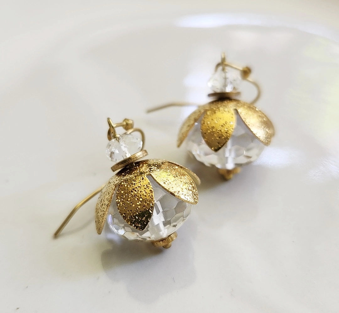 Clear Faceted Quartz and Brass Lotus Bauble Dangle Earrings