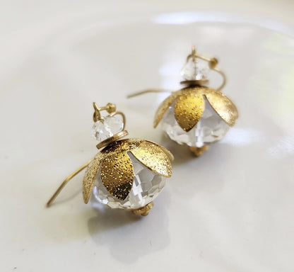 Clear Faceted Quartz and Brass Lotus Bauble Dangle Earrings