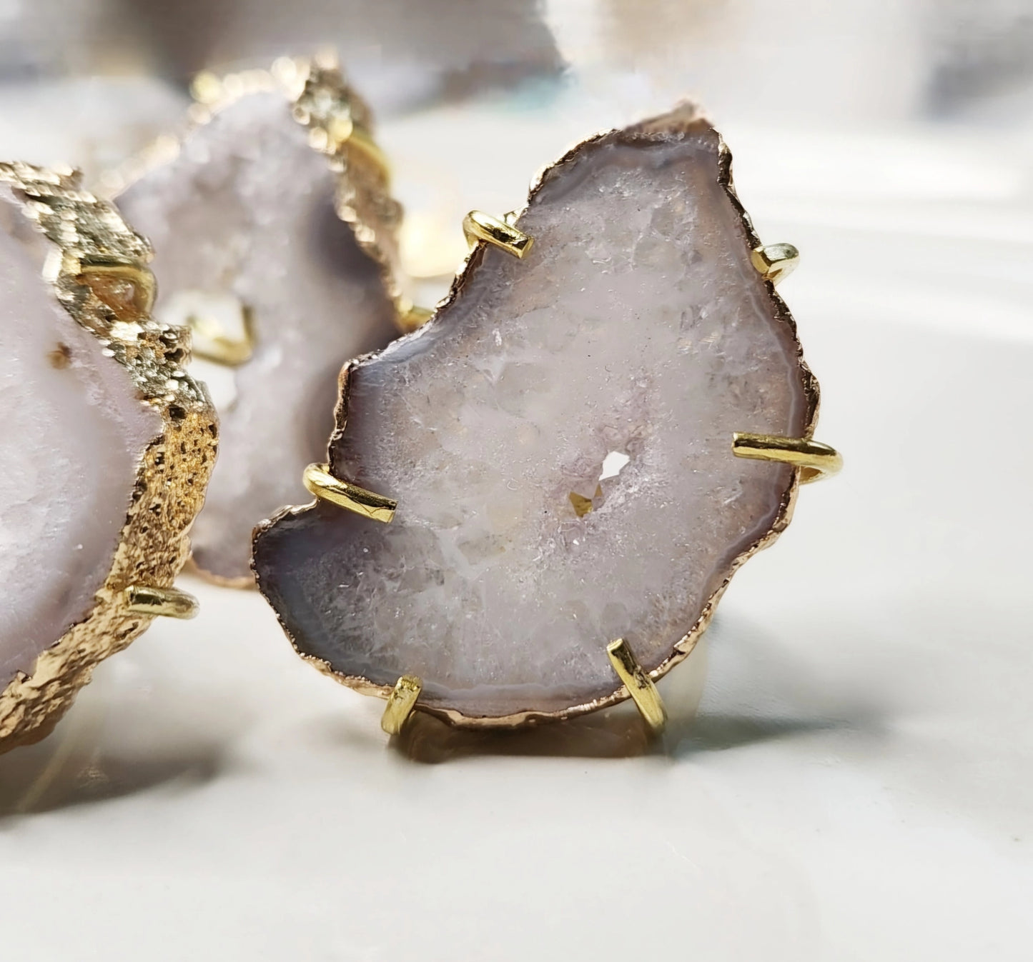 Gold Plated Geode/Agate Slice Solitaire Adjustable Rings