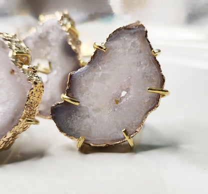Gold Plated Geode/Agate Slice Solitaire Adjustable Rings