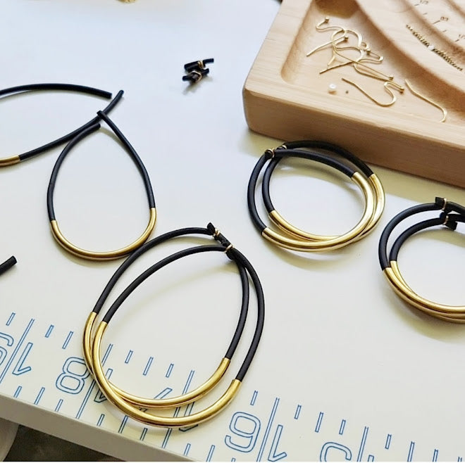 Threaded Black Rubber, Brass & Silver Hoop Dangle Earrings