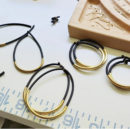 Threaded Black Rubber, Brass & Silver Hoop Dangle Earrings
