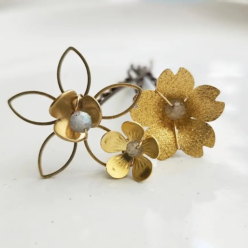 Brass Flower & Rainbow Labradorite Hairpins For Any Hairdo