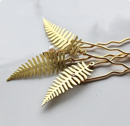Brass Fern Leaf U Hairpins with White Freshwater Pearls