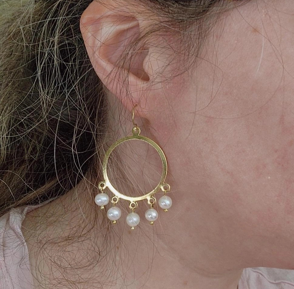 White Freshwater Pearl & Brass Chandelier Statement Jewelry