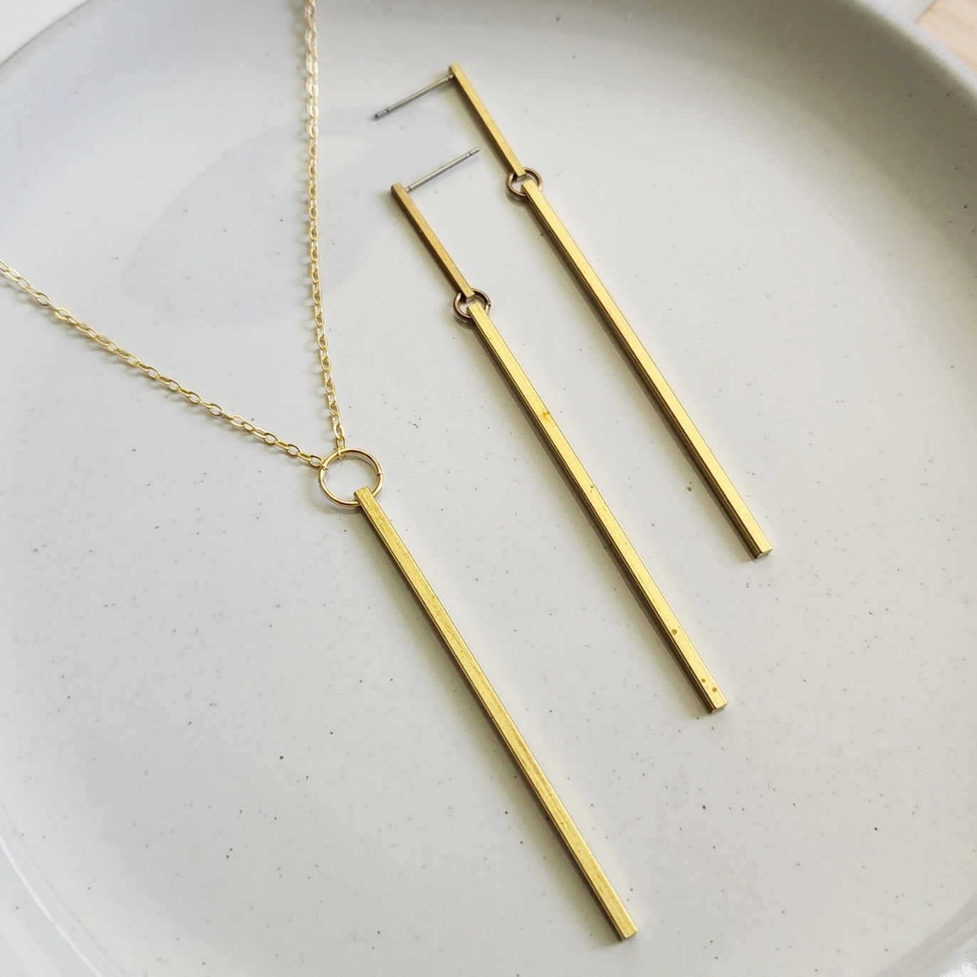 Brass Bar Long Dangle & Post Earrings and Pendant Necklace