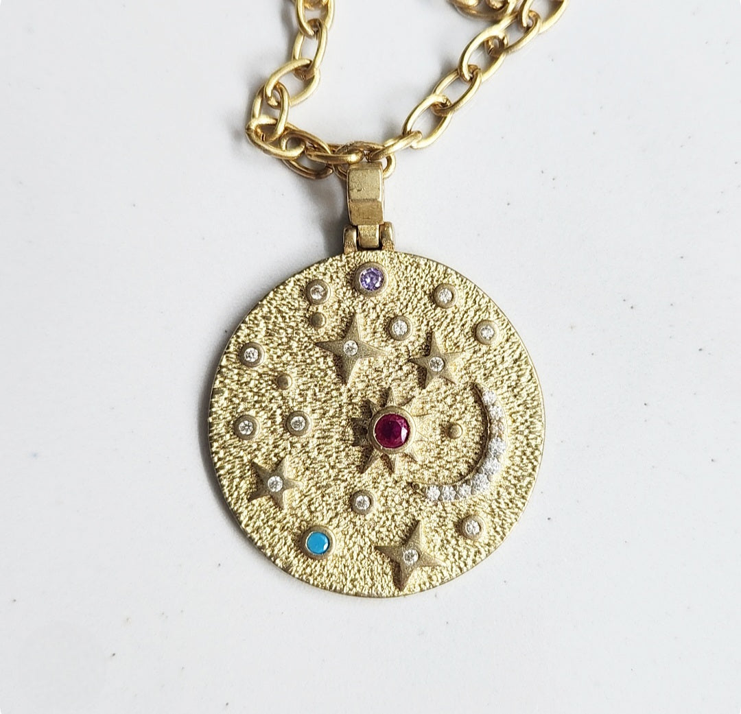 Stars and Moon Zodiac Charm, Cz & Purple Sapphire Necklaces