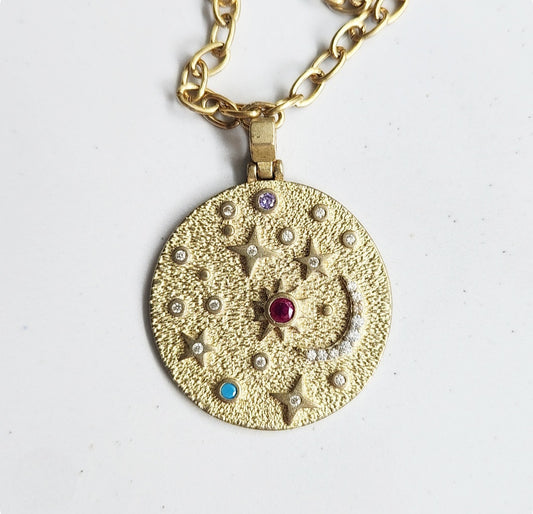 Stars and Moon Zodiac Charm, Cz & Purple Sapphire Necklaces