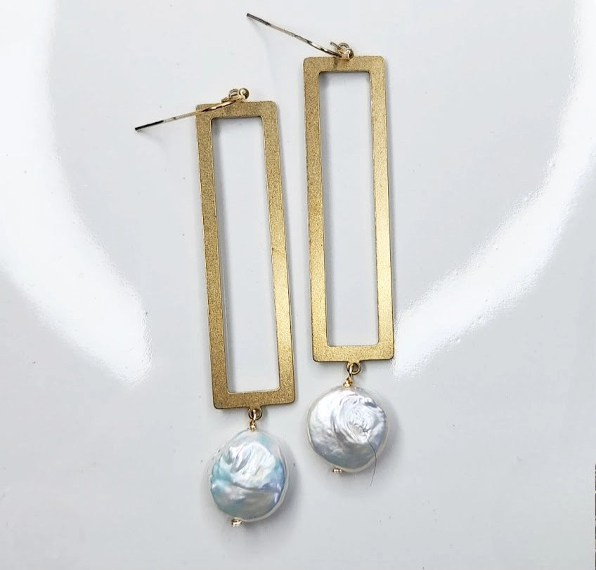 Freshwater Coin Pearl and Rectangle Geometric Earrings