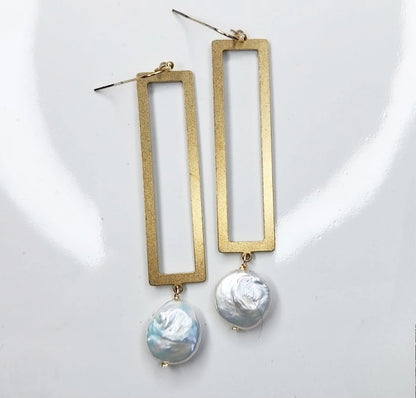 Freshwater Coin Pearl and Rectangle Geometric Earrings