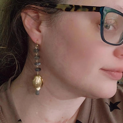 Faceted Labradorite and Textured Brass Tulip Dangle Earrings