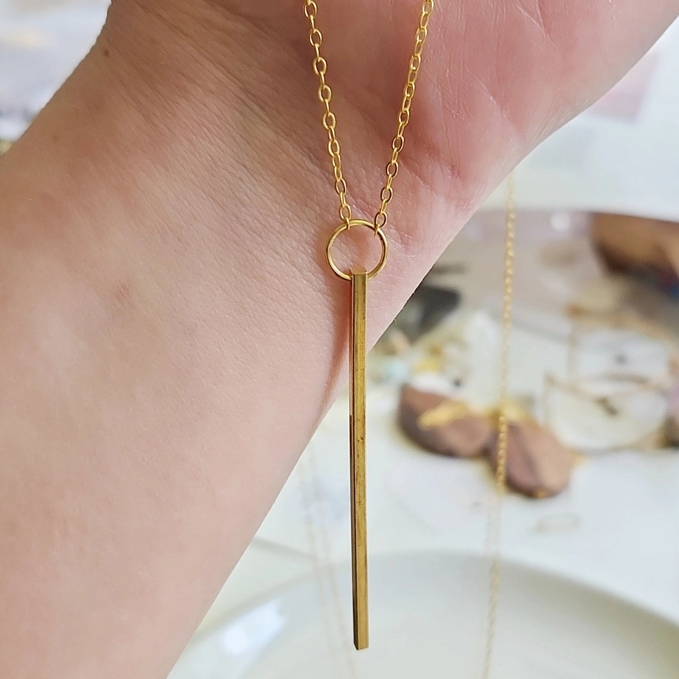 Brass Bar Long Dangle & Post Earrings and Pendant Necklace