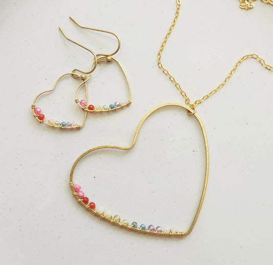 Rainbow Gemstone Wire Wrapped Heart Pendant Necklace