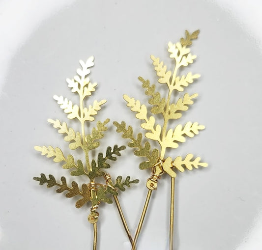 Brass Star Cloak Fern Leaf Sprig Wire Wrapped U Hairpins