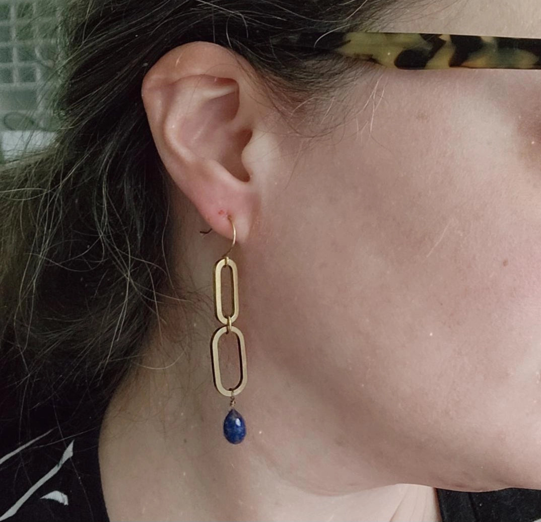 Brass Oval, Lapis Lazuli and Pearl Statement Dangle Earrings