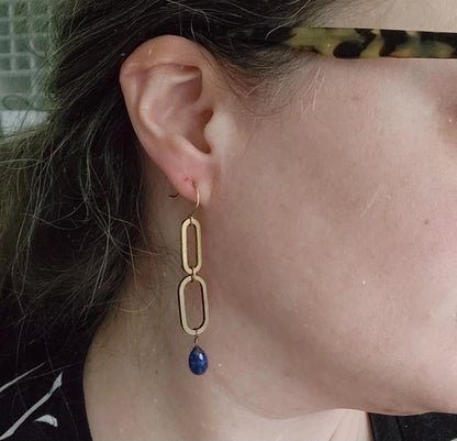Brass Oval, Lapis Lazuli and Pearl Statement Dangle Earrings