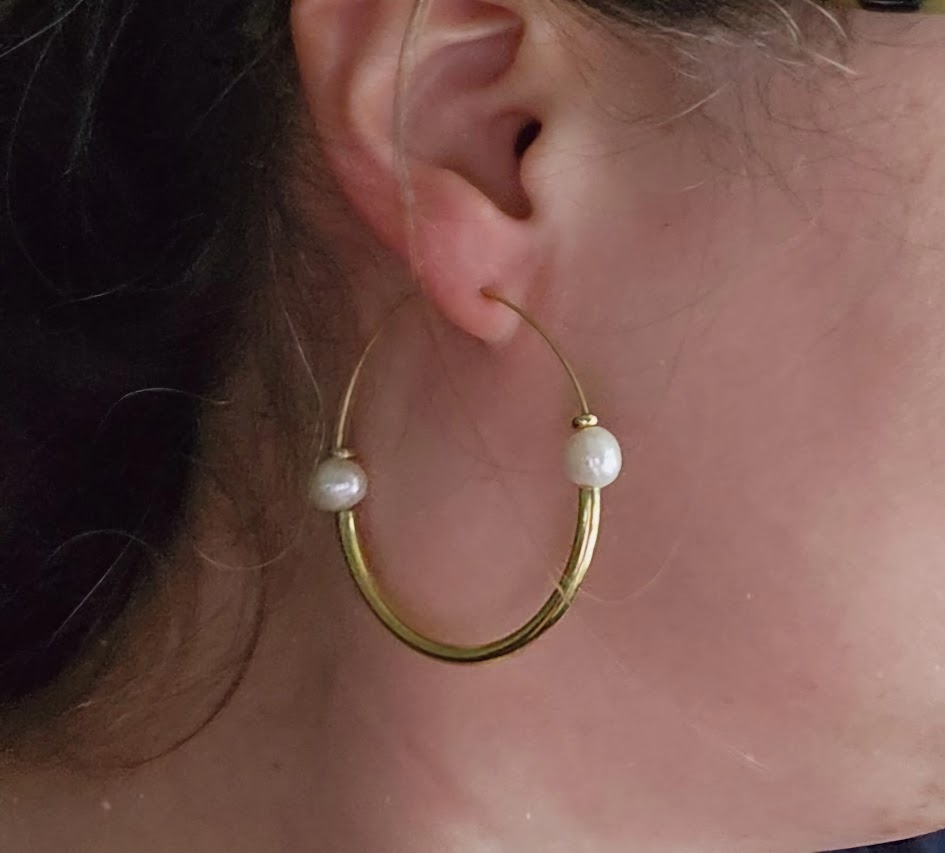 Brass and White Pearl Threaded Teardrop Hoop Earring Options